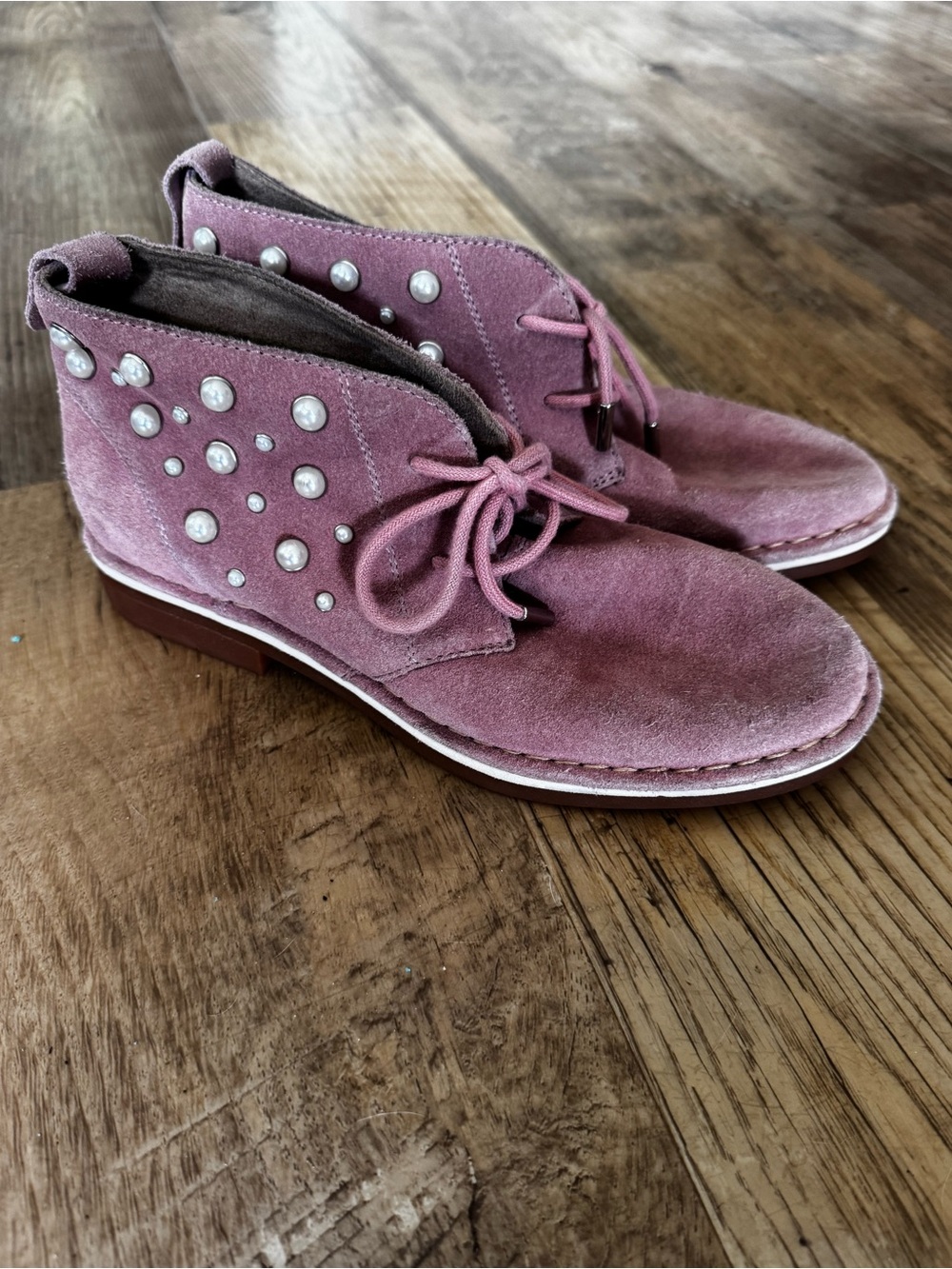 HUSH PUPPIES Cyra Catelyn Women Ankle Boots Pink Suede w/ Pearl Bedazzled Sides
